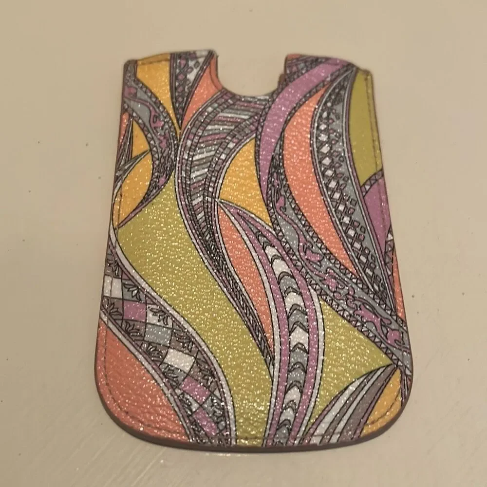 Emilio Pucci Cardholder Pouch Vibrant Doodle Stripe Paisley Artsy Print Leather